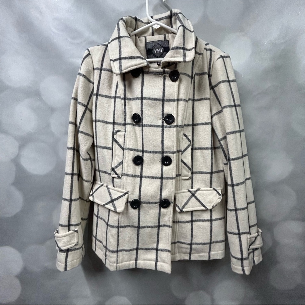 YMI size medium coat in off white and black plaid. Sleeve detail and nice button